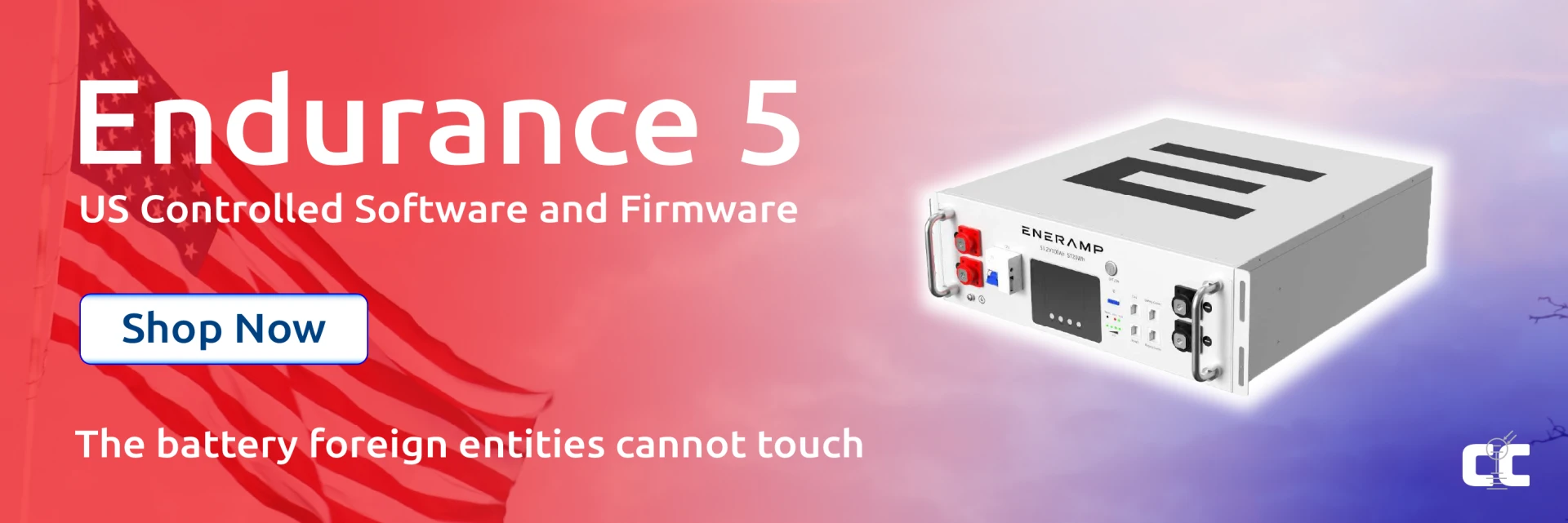 Banner that says, "Endurance 5: US controlled software and firmware. The battery foreign entities cannot touch." The banner features an image of the Endurance 5 on a red, white, and blue background with an American flag. Click the banner to shop the Endurance 5.